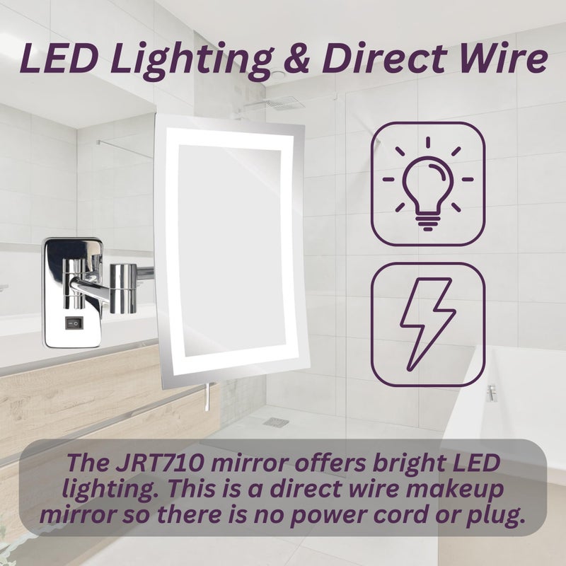 JERDON Rectangular Wall Mount Makeup Mirror - Direct Wire Makeup Mirror with 5X Magnification and LED Lights - Chrome Finish - Model JRT710CLD - Image 5